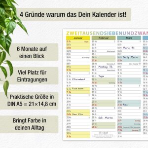 Alternative view of TOBJA® DIN A5 Blackboard Calendar 2027 Colourful for Mobile Planning & Small Desks - with Holidays, Holidays & Calendar Weeks, 350 g/m² | Sheet Calendar 12 Months on Front and Back