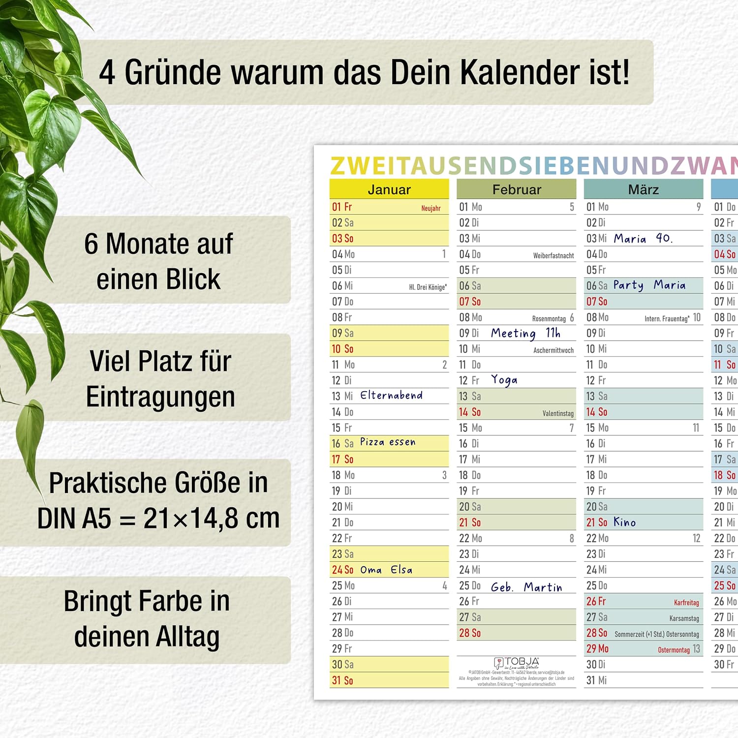 TOBJA® DIN A5 Blackboard Calendar 2027 Colourful for Mobile Planning & Small Desks - with Holidays, Holidays & Calendar Weeks, 350 g/m² | Sheet Calendar 12 Months on Front and Back – Bild 2