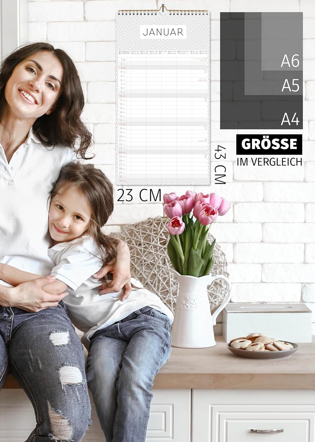 Schöne Güter® Family Calendar 2027 Family Planner 5 Columns with Stickers Holidays Black White Calendar 23 x 43 cm Black White Design Planner Wall Calendar 5 Columns Bold Text & Graphic – Bild 2