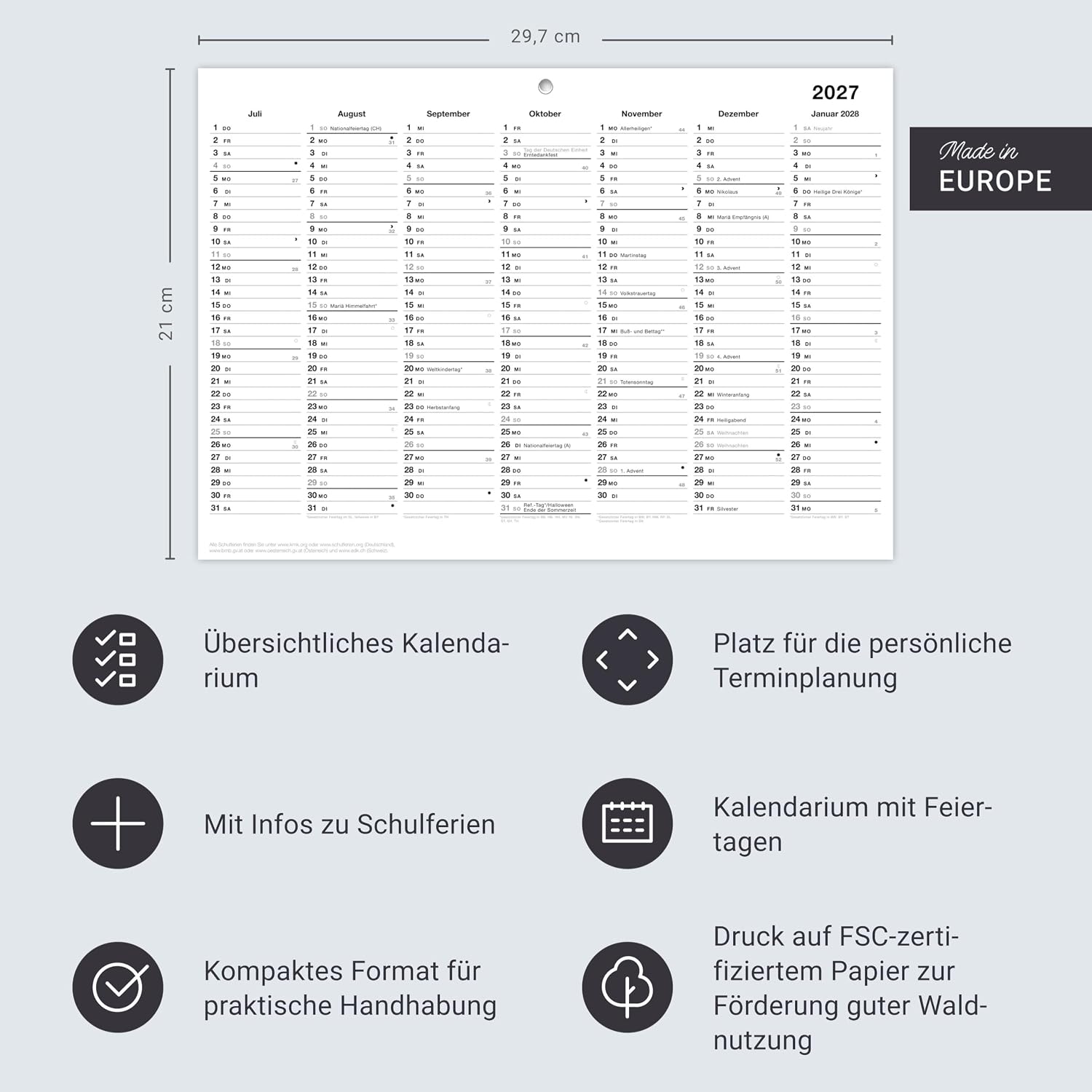 Black&White Tafelkalender A4 2027: Beidseitig bedruckter Jahresplaner im minimalistischen Schwarzweiß-Design. Praktischer Überblick über alle Termine im Format 29,7 x 21 cm – Bild 3