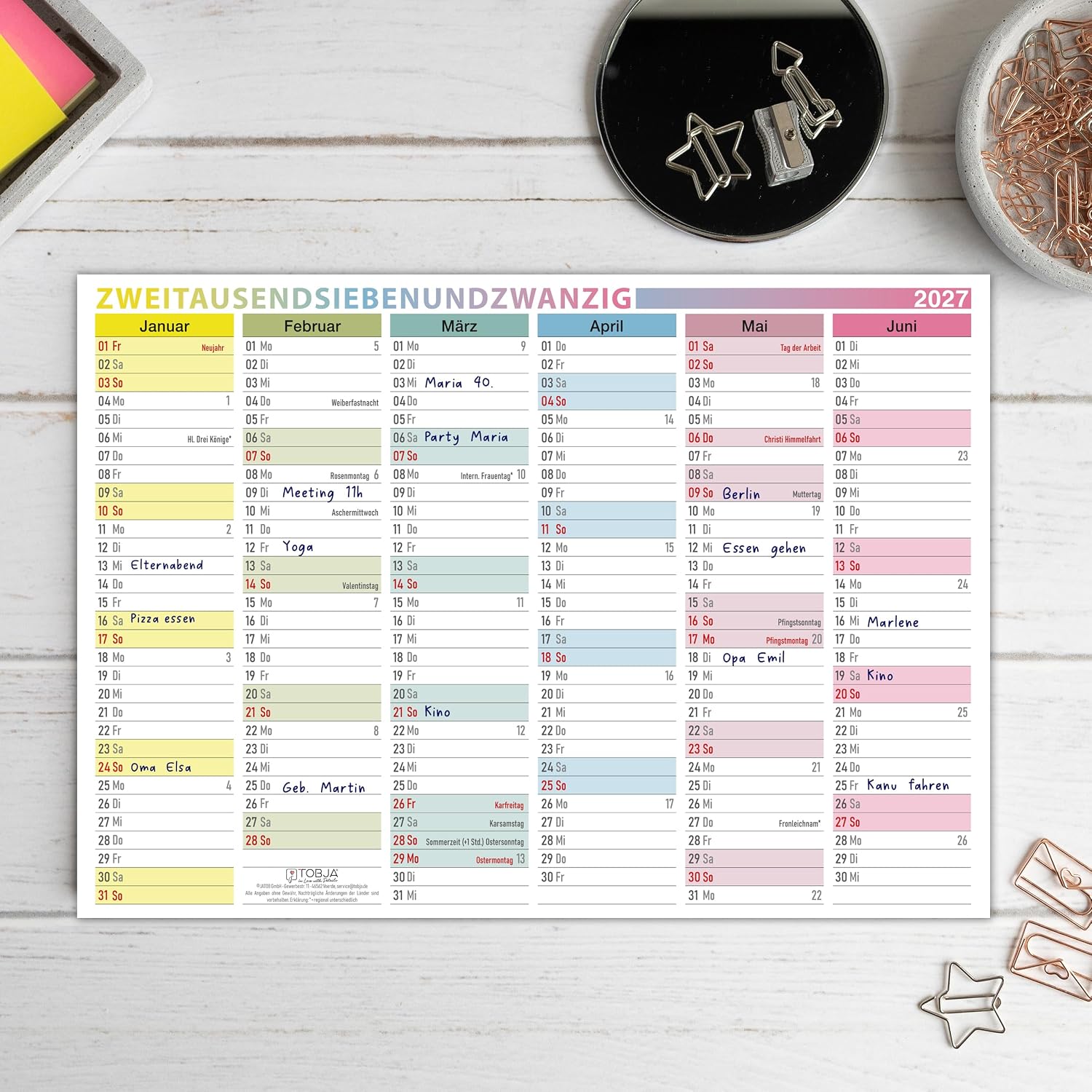 TOBJA® DIN A5 Blackboard Calendar 2027 Colourful for Mobile Planning & Small Desks - with Holidays, Holidays & Calendar Weeks, 350 g/m² | Sheet Calendar 12 Months on Front and Back – Bild 4