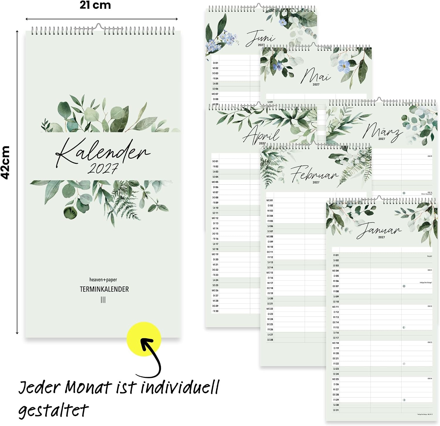 heaven+paper Familienkalender 2027 3 Spalten Green Kalender 2027 (21x42cm) – Bild 4