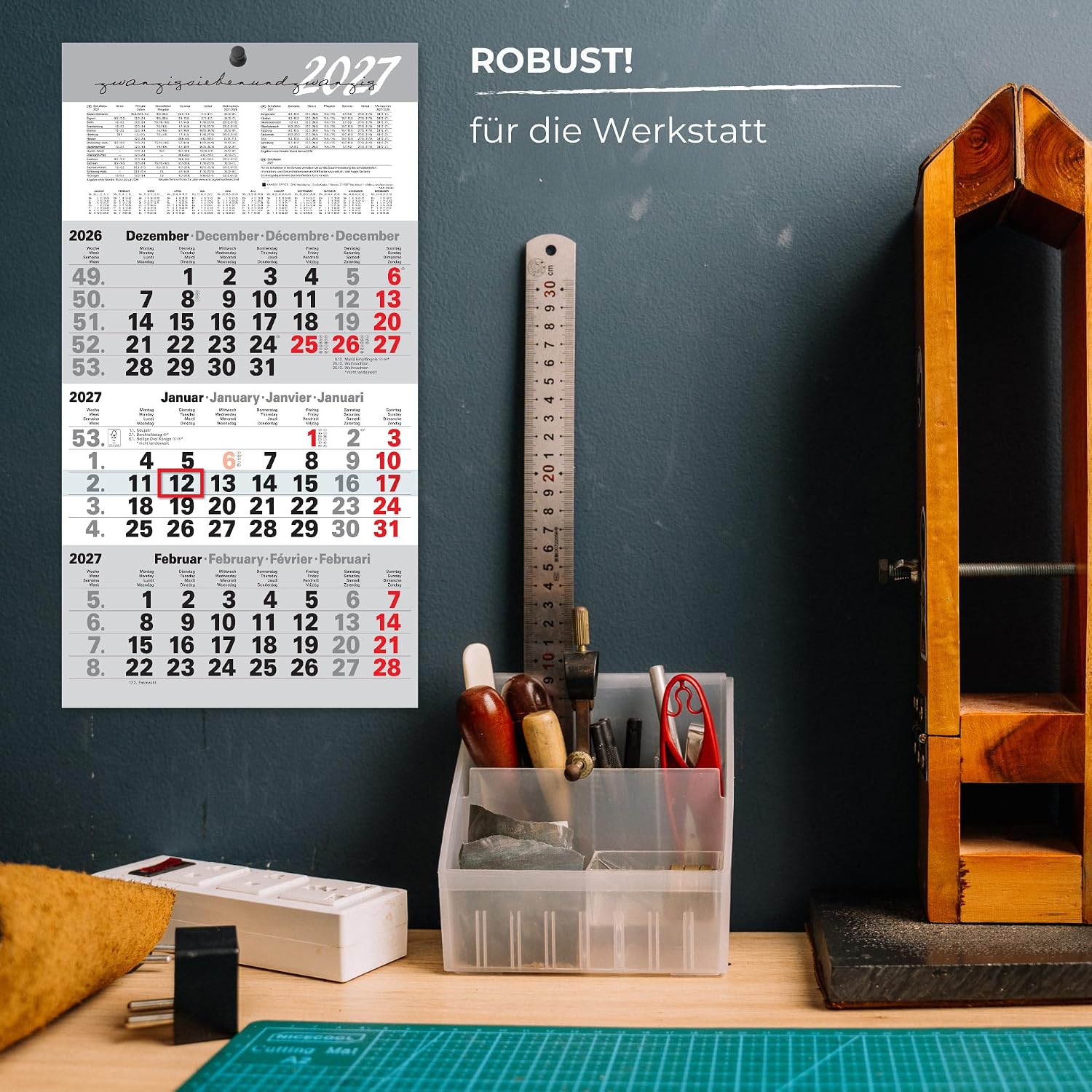 3 Month Calendar 2027 Wall Calendar with Slider - Calendar 2027, 3 Months at a Glance, Year Overview, Holidays & School Holidays DE/AT, Office Calendar 56 × 30 cm – Bild 5