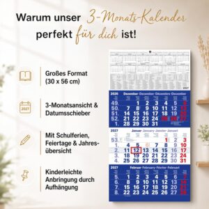 TOBJA® 3 Month Calendar 2027 Wall Calendar Blue - With Red Date Slider, FSC Certified, School Holidays and Holidays - Ideal for Office and Family | Quarterly Calendar Wall 30 x 56 cm – Bild 2