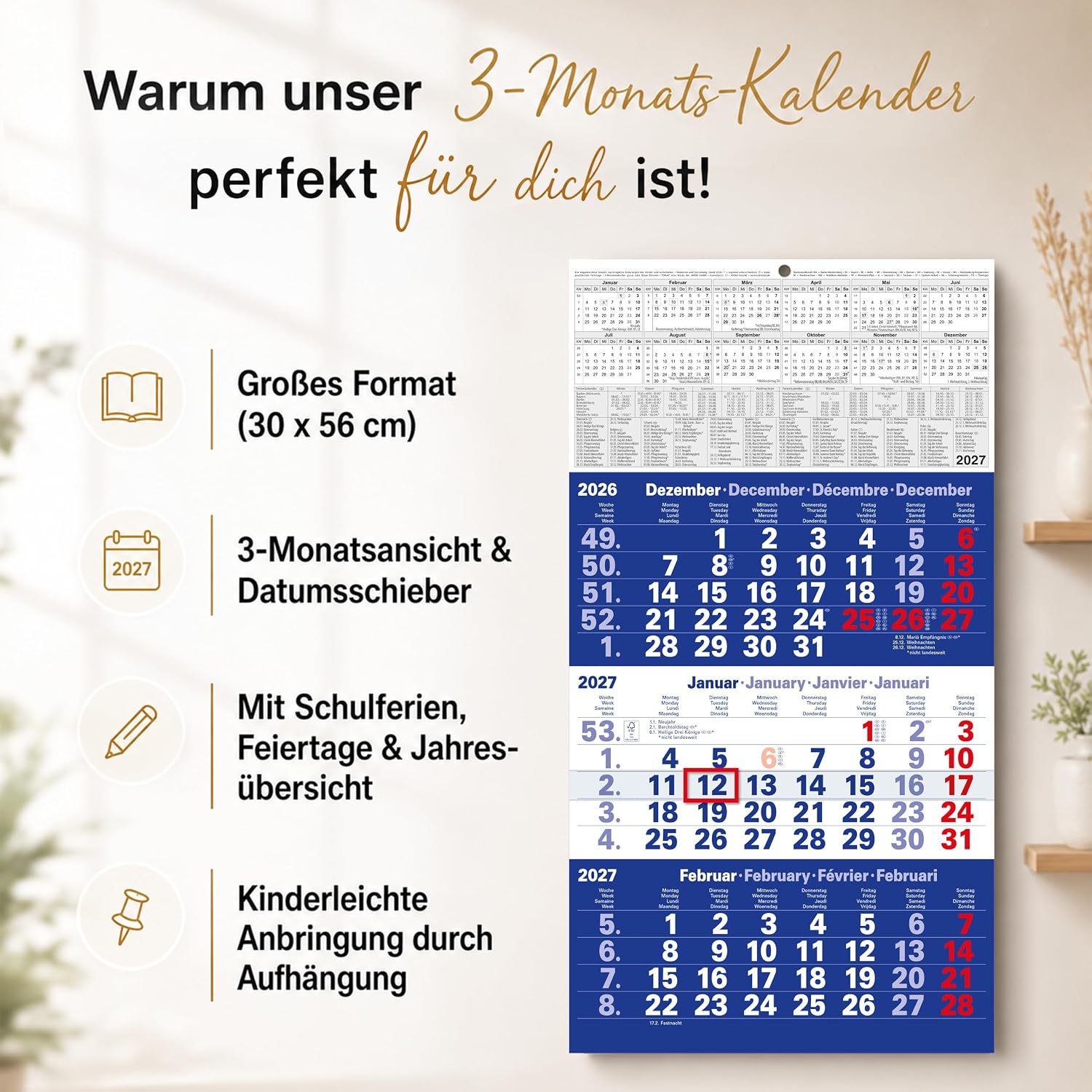 TOBJA® 3 Month Calendar 2027 Wall Calendar Blue - With Red Date Slider, FSC Certified, School Holidays and Holidays - Ideal for Office and Family | Quarterly Calendar Wall 30 x 56 cm – Bild 2