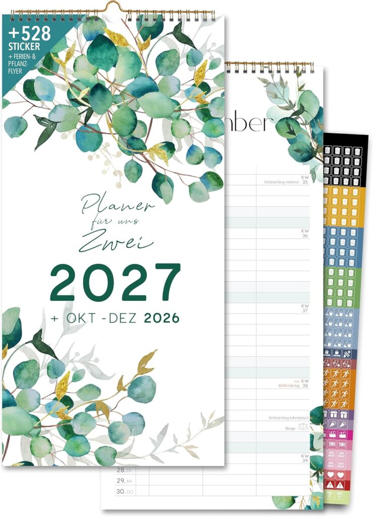 Schöne Güter® Couples Calendar 2027 Family Calendar 3 Columns 16 x 32.5 cm Eucalypt Greenery Wall Planner for 2 People Couple Planner Natural Design Modern and Fresh Includes Stickers and Holidays