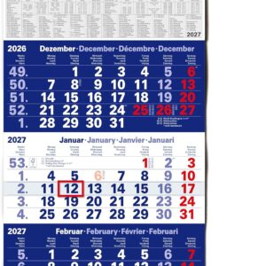 TOBJA® 3 Month Calendar 2027 Wall Calendar Blue - With Red Date Slider, FSC Certified, School Holidays and Holidays - Ideal for Office and Family | Quarterly Calendar Wall 30 x 56 cm