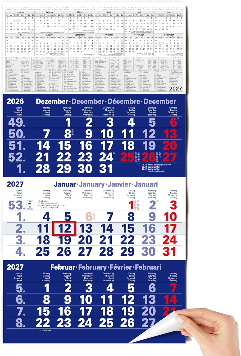TOBJA® 3 Month Calendar 2027 Wall Calendar Blue - With Red Date Slider, FSC Certified, School Holidays and Holidays - Ideal for Office and Family | Quarterly Calendar Wall 30 x 56 cm