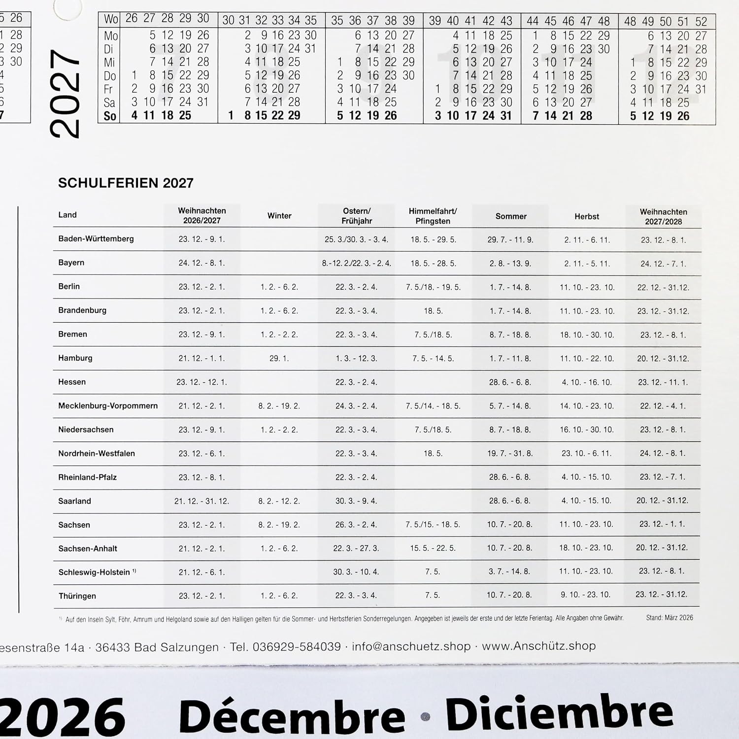 3-Month Calendar 2027 Office Calendar Wall Planner 450 x 235 mm Three Month Calendar Small – Bild 4