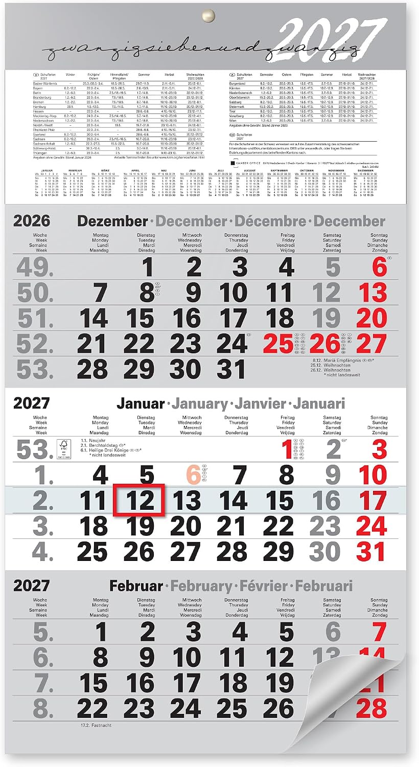 3 Month Calendar 2027 Wall Calendar with Slider - Calendar 2027, 3 Months at a Glance, Year Overview, Holidays & School Holidays DE/AT, Office Calendar 56 × 30 cm
