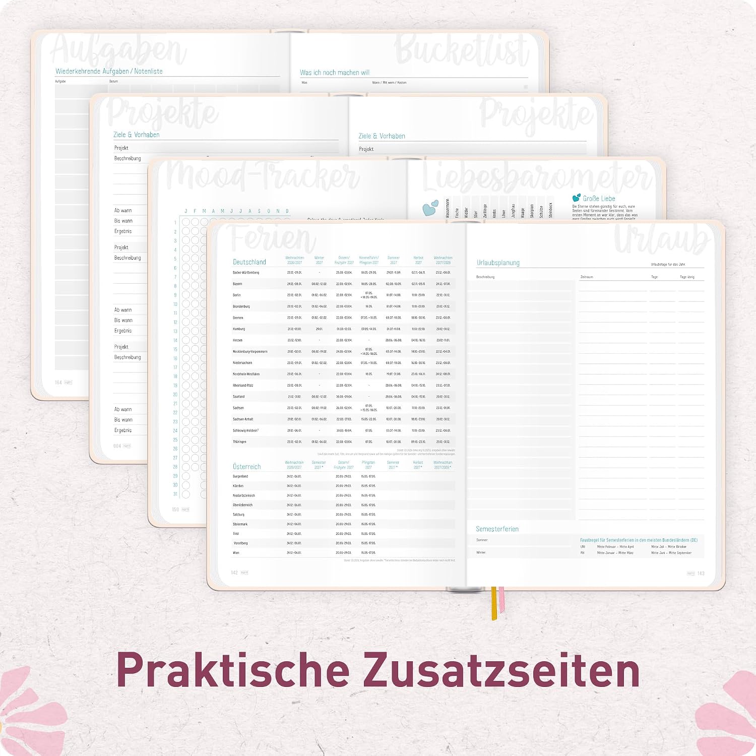 Häfft - Timer Book Calendar 2027 A5 for Young Adults "Pink Flowers" – Bild 6