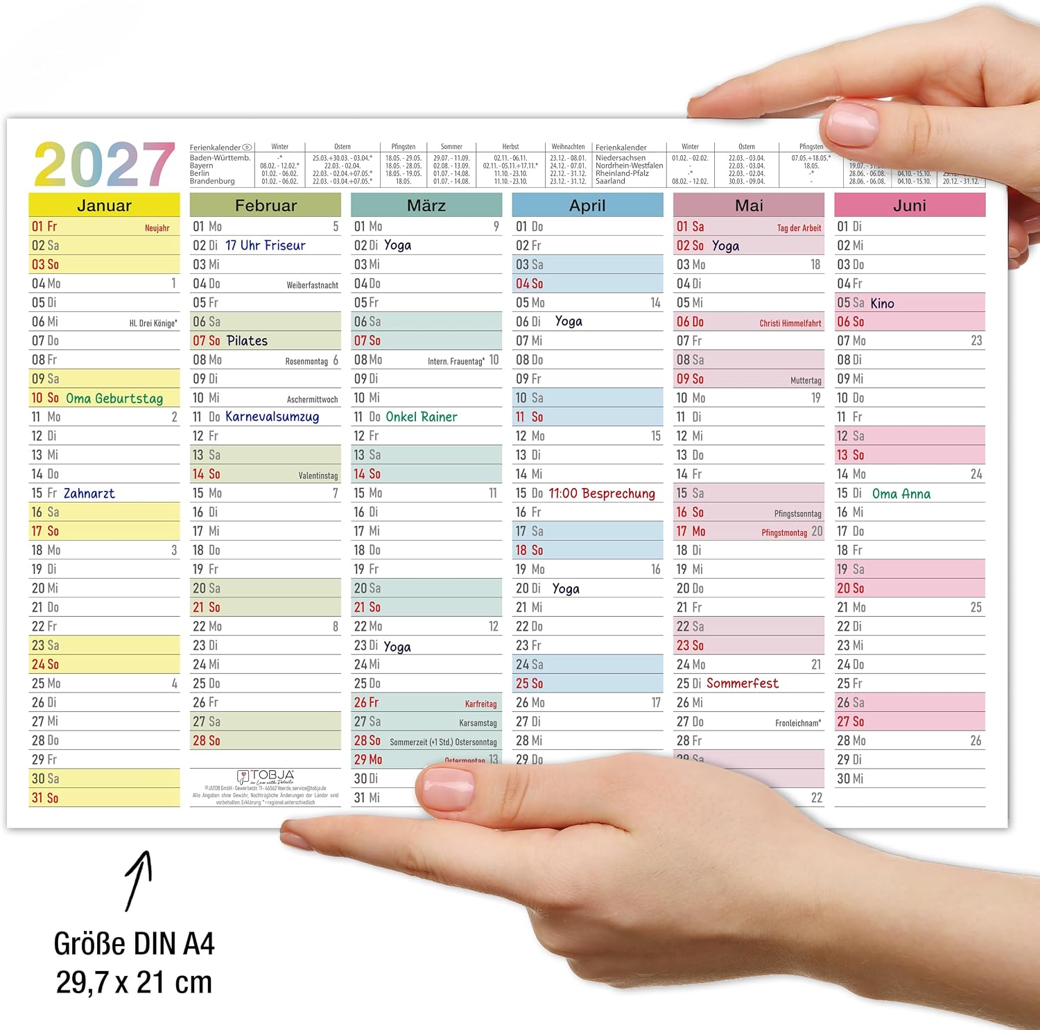 TOBJA® Blackboard Calendar 2027 Wipe-Clean - Wall Calendar 2027 A4 Colourful Includes 4 Pens - with Holidays, Holidays & KW, Rewritable Extra Thick Paper Calendar 2027 A4 Wipe-Clean – Bild 3