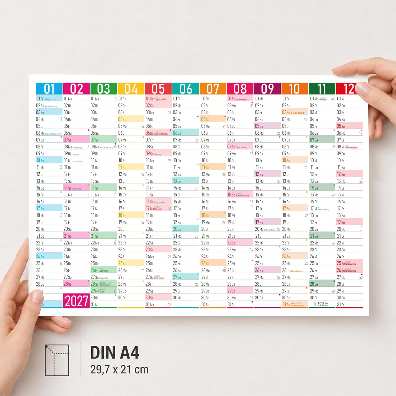 TOBJA® DIN A4 Blackboard Calendar 2027 Colour Blocks - 1 Year on 1 Page, Modern Design with Holidays, Holidays & Calendar Weeks, 350 g/m² Paper | Wall Calendar Year Planner Set of 3 – Bild 6
