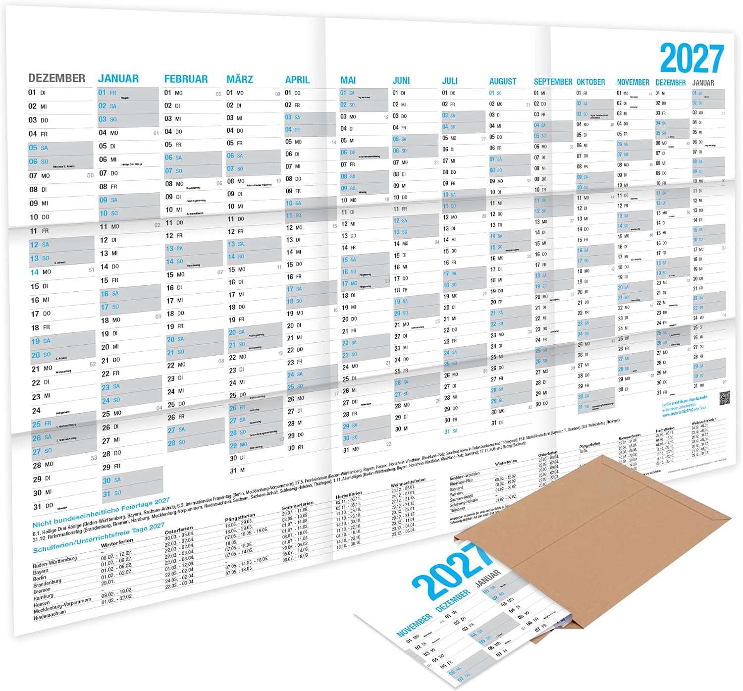 XXL Wall Calendar 2027 / Calendar Year Planner - 14 Month Annual Calendar - Folded in Poster Size (89 x 63 cm)