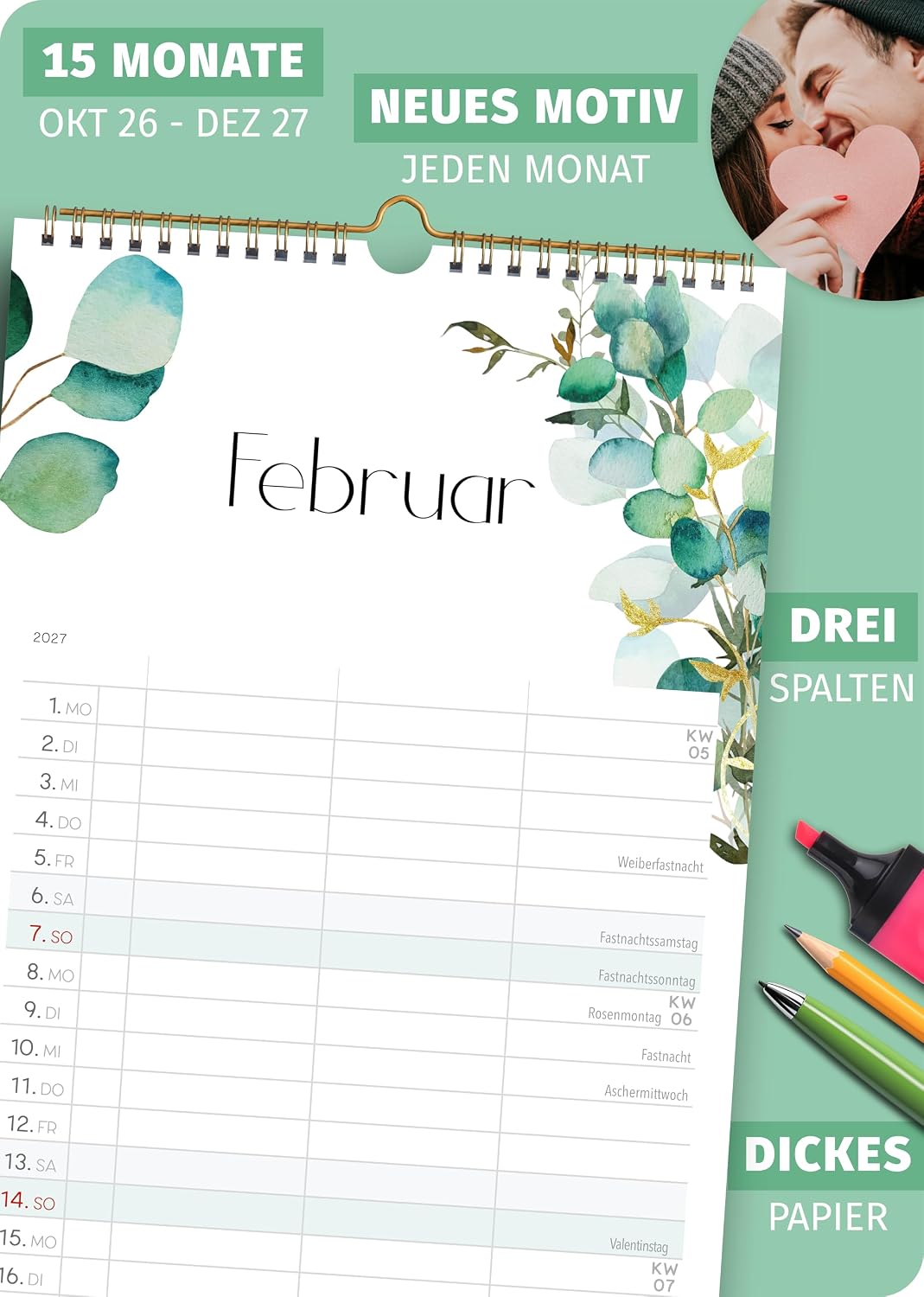 Schöne Güter® Couples Calendar 2027 Family Calendar 3 Columns 16 x 32.5 cm Eucalypt Greenery Wall Planner for 2 People Couple Planner Natural Design Modern and Fresh Includes Stickers and Holidays – Bild 4