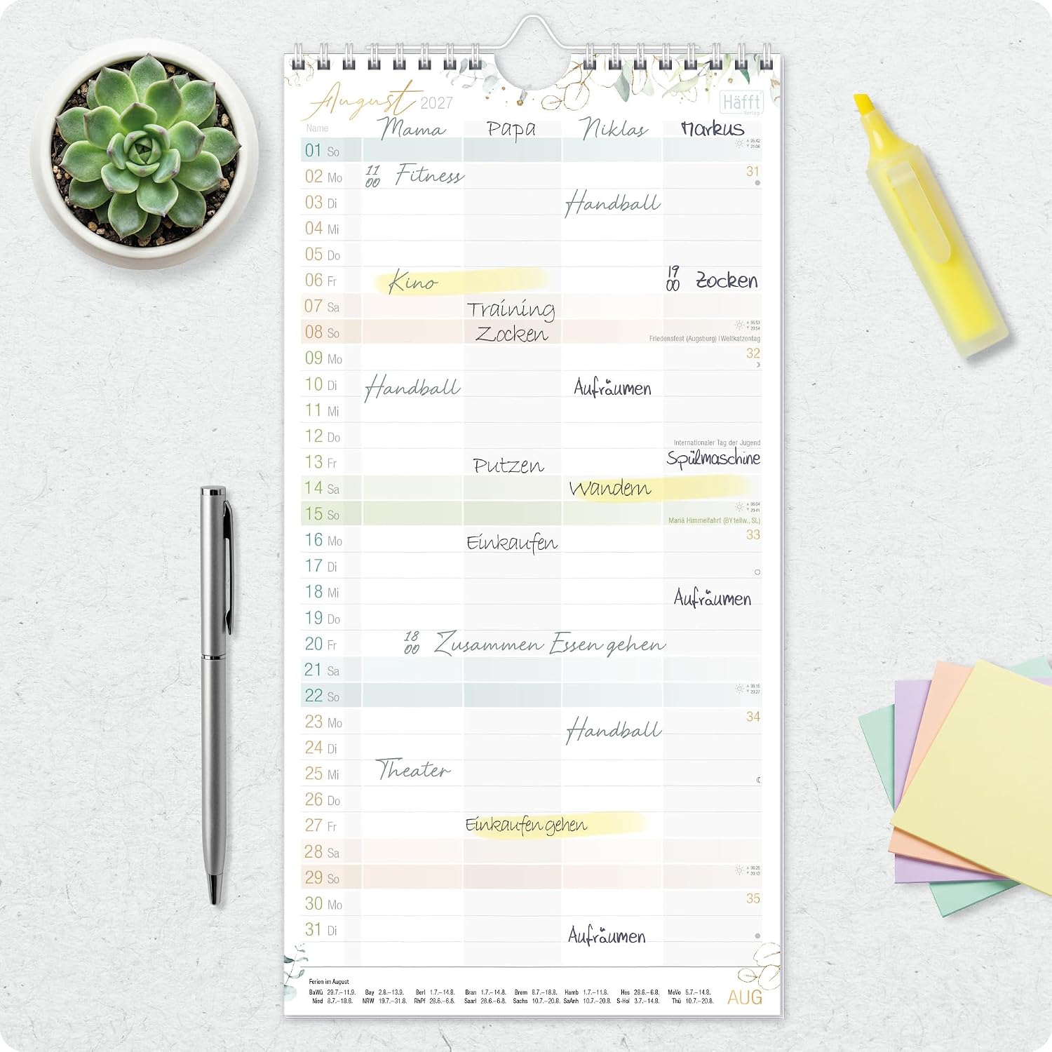 Häfft® Family Planner 2027 with 4 Columns - Wall Calendar "Gold Leaf" – Bild 8