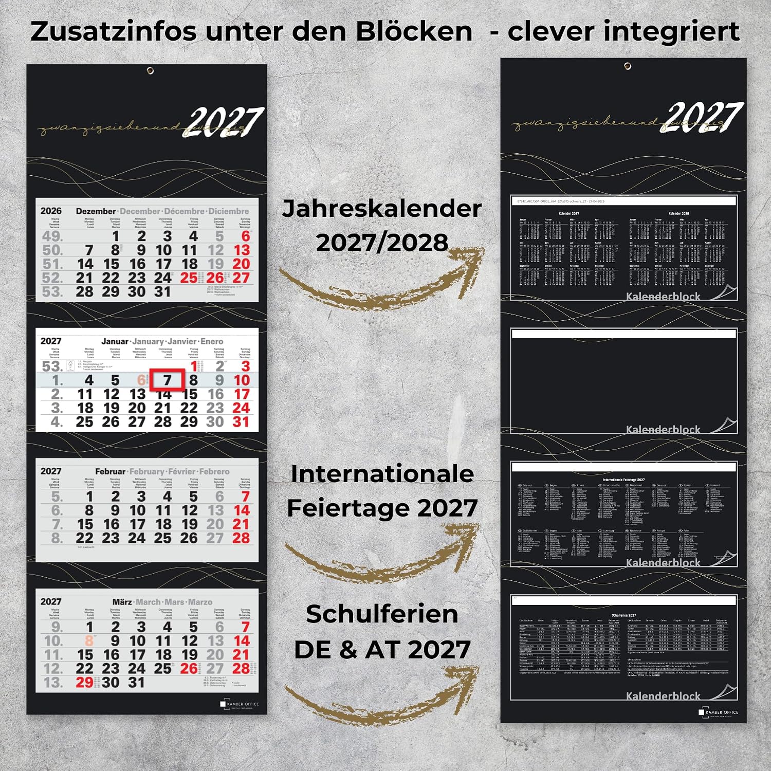4-Month Calendar 2027 Wall Calendar with Slider, Black/Gold Wave Edition, Large Format 87.5 x 32 cm Office Calendar, 4 Languages with Holidays, Sturdy Back Panel and Metal Eyelet – Bild 3