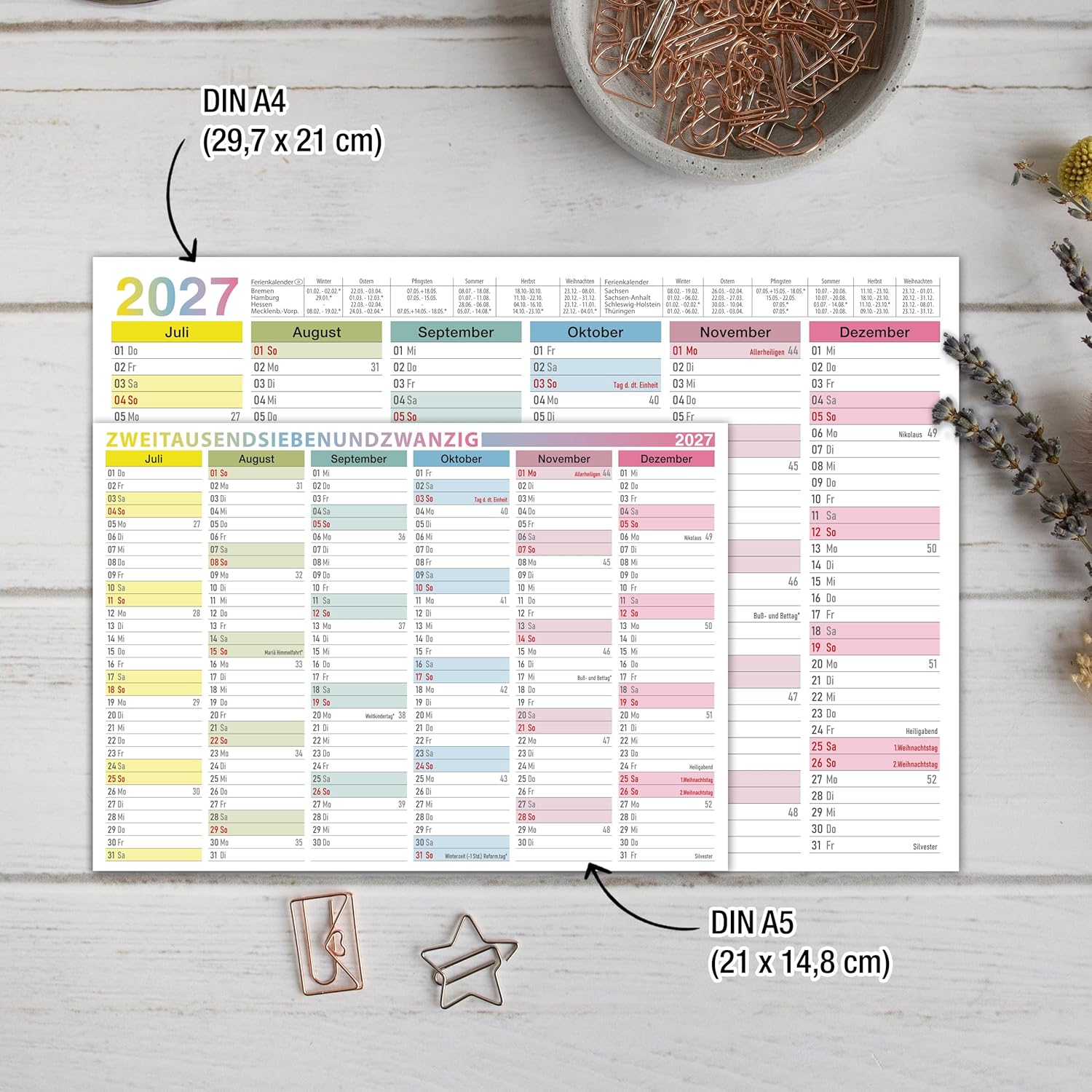 TOBJA® DIN A5 Blackboard Calendar 2027 Colourful for Mobile Planning & Small Desks - with Holidays, Holidays & Calendar Weeks, 350 g/m² | Sheet Calendar 12 Months on Front and Back – Bild 6