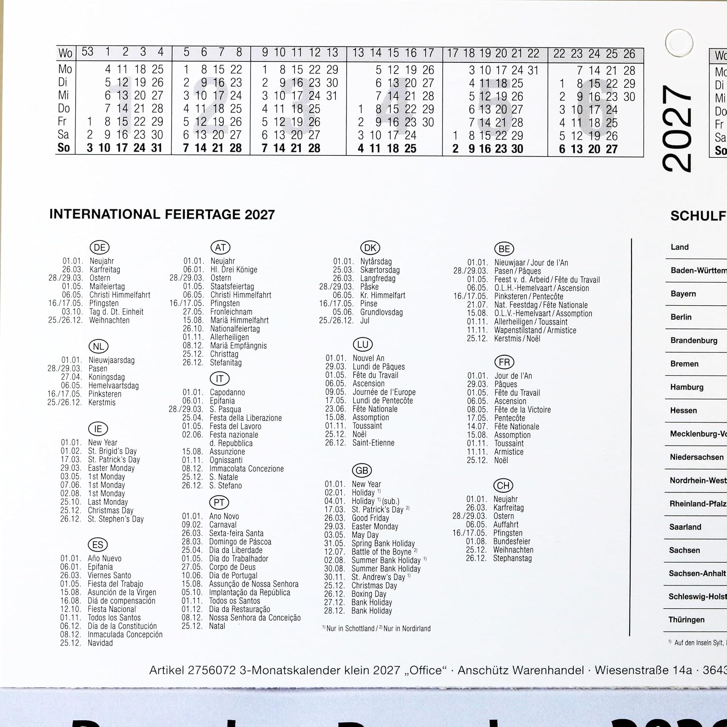 3-Month Calendar 2027 Office Calendar Wall Planner 450 x 235 mm Three Month Calendar Small – Bild 5