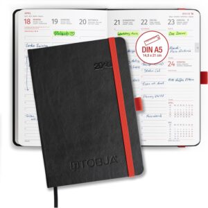 TOBJA® Book Calendar 2027 A5 Hardcover Nero Red - 1 Week 2 Pages Half Hour Clock 6-21 Clock Diary with Elastic Band, Pen Loop & Bookmark FSC Weekly Planner Calendar Book