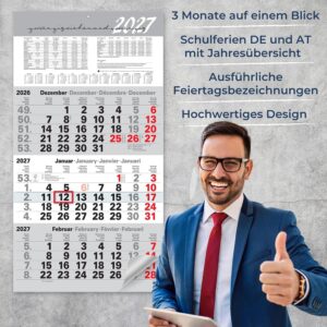 3 Month Calendar 2027 Wall Calendar with Slider - Calendar 2027, 3 Months at a Glance, Year Overview, Holidays & School Holidays DE/AT, Office Calendar 56 × 30 cm – Bild 3