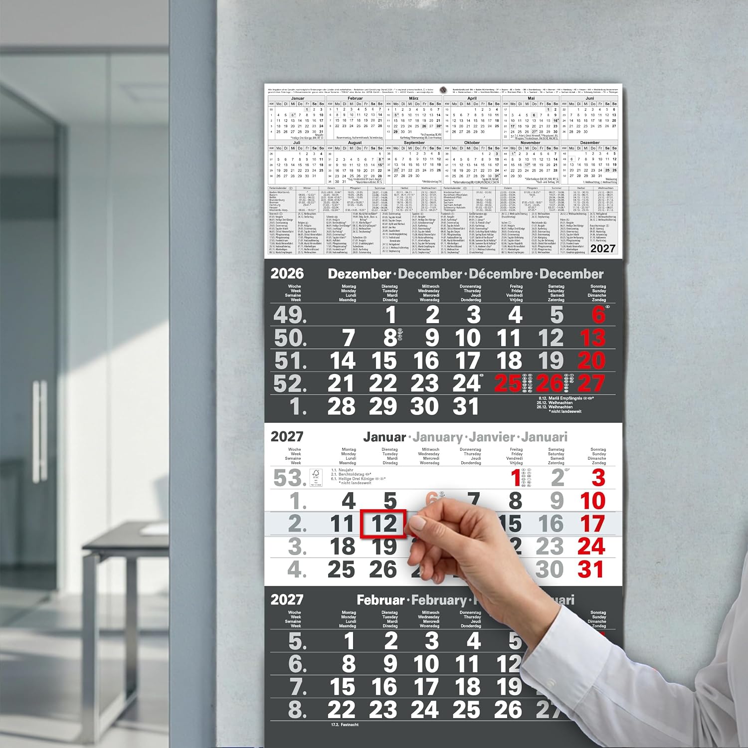 TOBJA® 3 Month Calendar 2027 Wall Calendar Anthracite - With Red Date Slider, FSC Certified, School Holidays and Holidays - Ideal for Office and Family | Quarterly Calendar Wall 30 x 56 cm – Bild 5