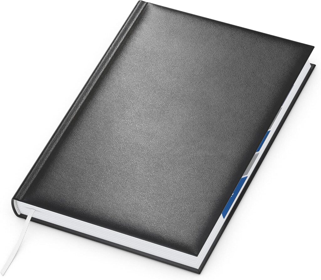 GEIGER-OFFICE Book Calendar 2027 Manager Register - Premium Executive Timer in DIN A5 Format with Monthly Index Punch - 1 Day on 1 Page - 416 Pages - Padded Balacron Cover Black with Year Number