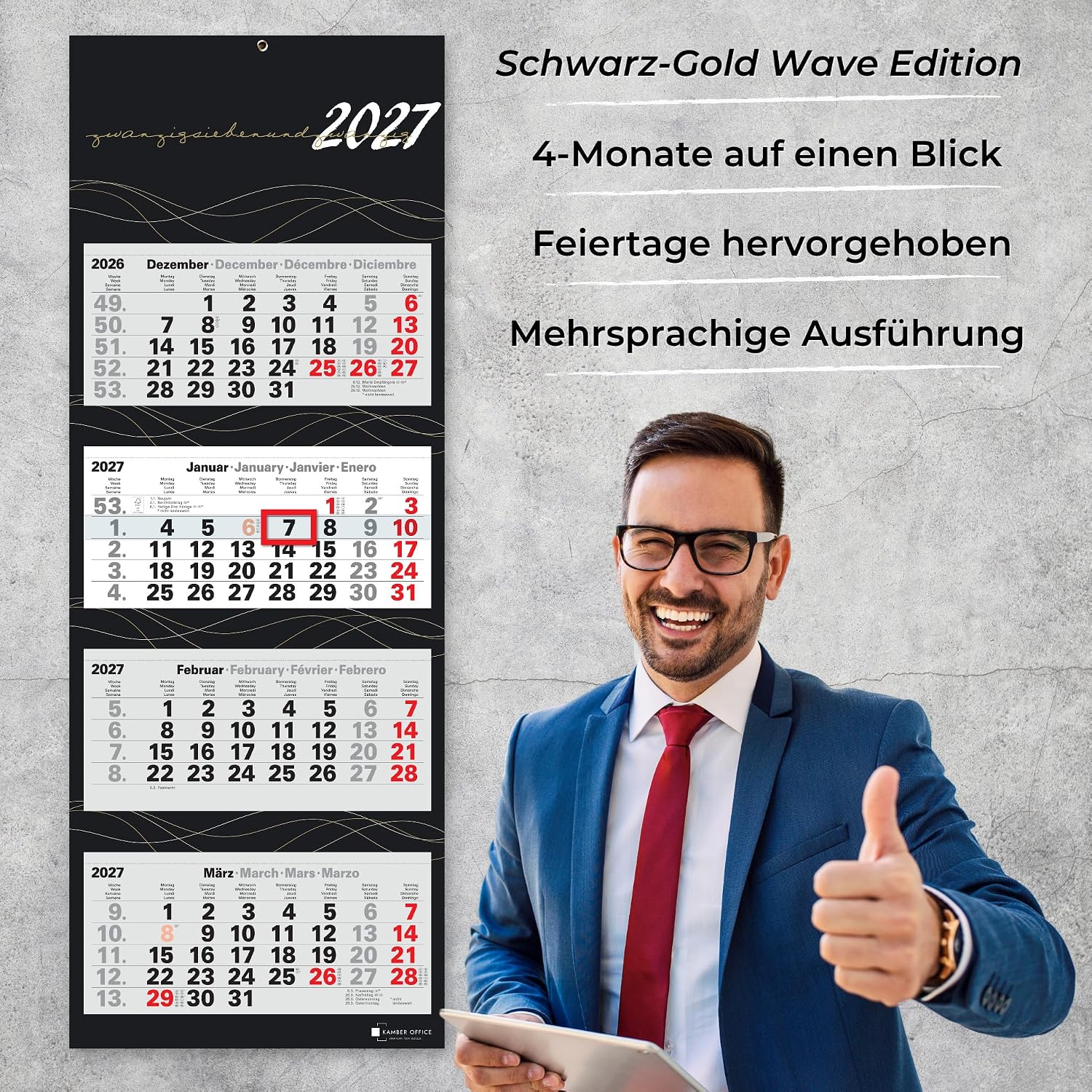 4-Month Calendar 2027 Wall Calendar with Slider, Black/Gold Wave Edition, Large Format 87.5 x 32 cm Office Calendar, 4 Languages with Holidays, Sturdy Back Panel and Metal Eyelet – Bild 2