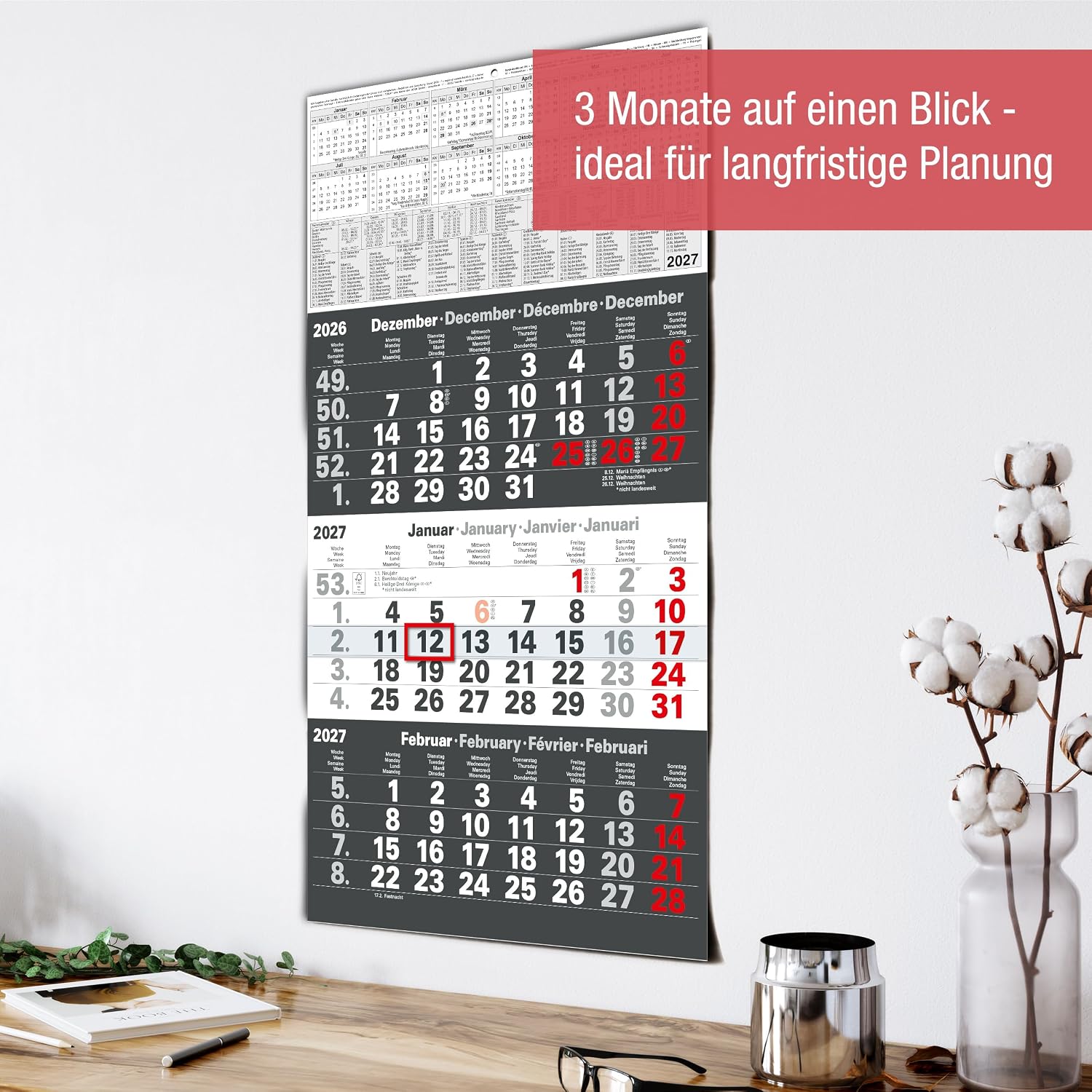TOBJA® 3 Month Calendar 2027 Wall Calendar Anthracite - With Red Date Slider, FSC Certified, School Holidays and Holidays - Ideal for Office and Family | Quarterly Calendar Wall 30 x 56 cm – Bild 6