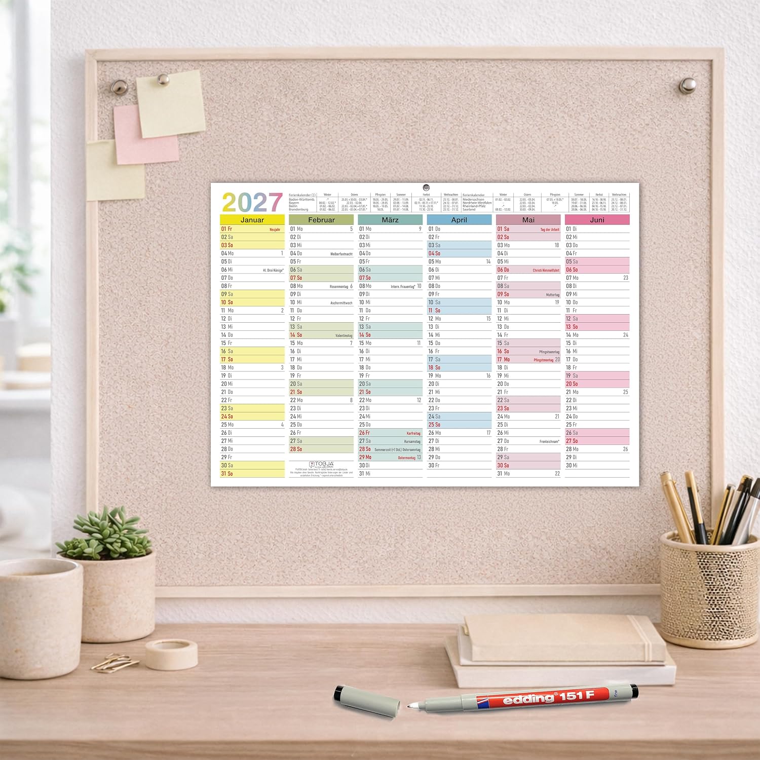 TOBJA® Blackboard Calendar 2027 Wipe-Clean - Wall Calendar 2027 A4 Colourful Includes 4 Pens - with Holidays, Holidays & KW, Rewritable Extra Thick Paper Calendar 2027 A4 Wipe-Clean – Bild 5
