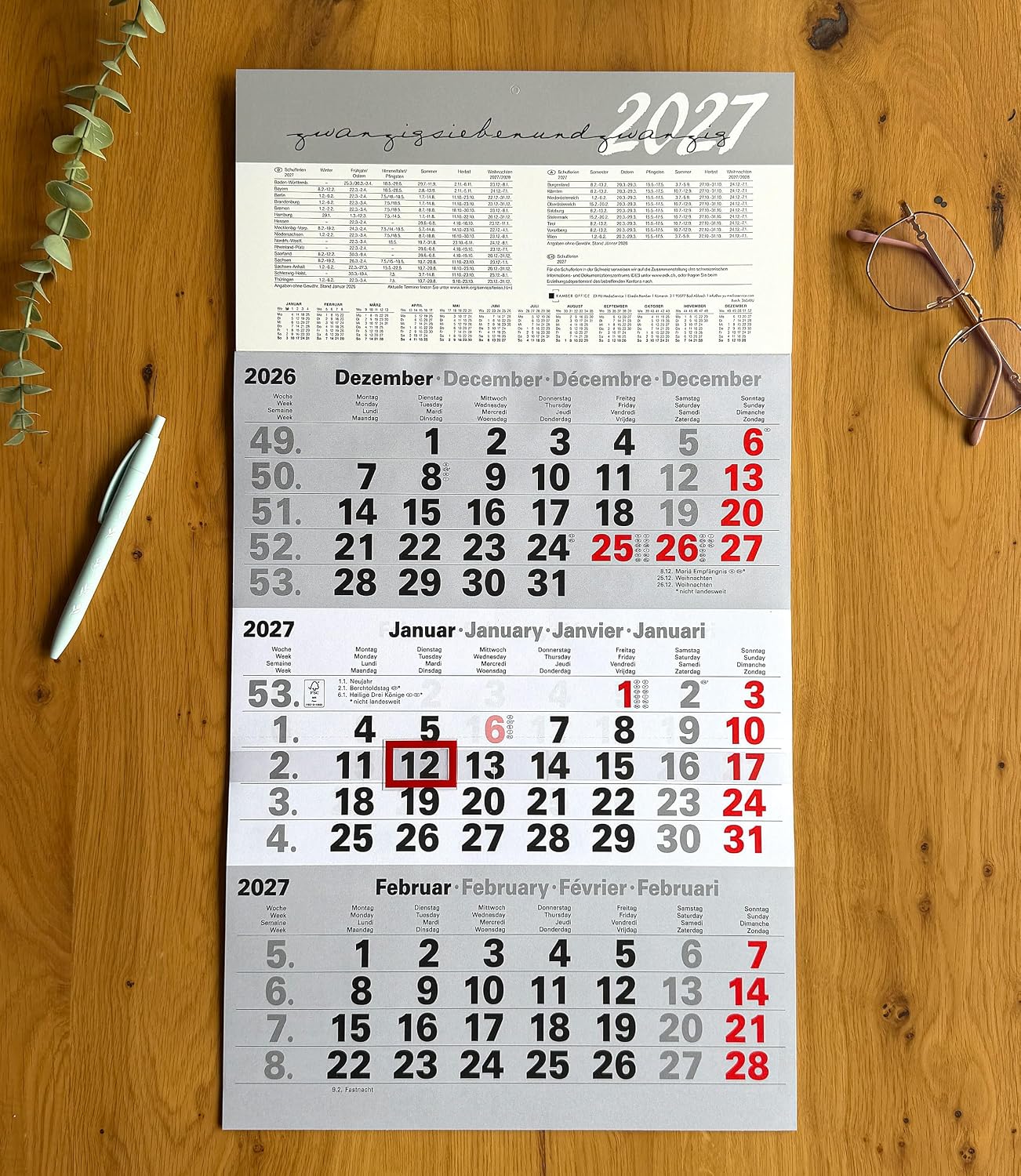 3 Month Calendar 2027 Wall Calendar with Slider - Calendar 2027, 3 Months at a Glance, Year Overview, Holidays & School Holidays DE/AT, Office Calendar 56 × 30 cm – Bild 7
