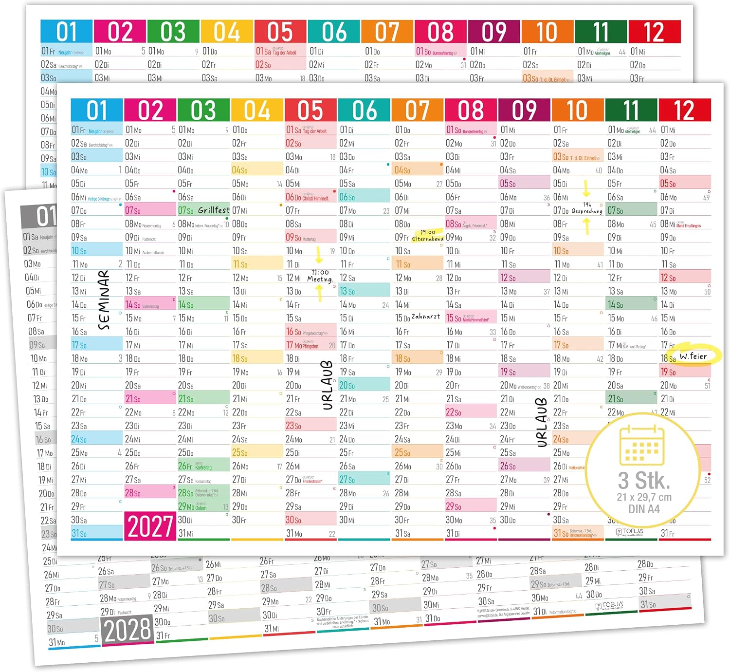 TOBJA® DIN A4 Blackboard Calendar 2027 Colour Blocks - 1 Year on 1 Page, Modern Design with Holidays, Holidays & Calendar Weeks, 350 g/m² Paper | Wall Calendar Year Planner Set of 3