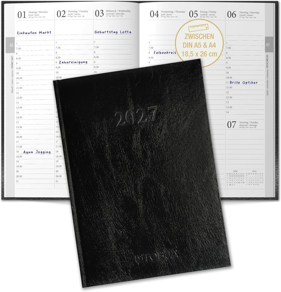 TOBJA® Book Calendar 2027 OptiPlaner Pure - Classic Black, Leather Look, 30 Minutes Timing 7-21 o'clock, Weekly Planner Between A5 & A4 (18.5 x 26 cm), FSC, 4 Languages | Diary 2027